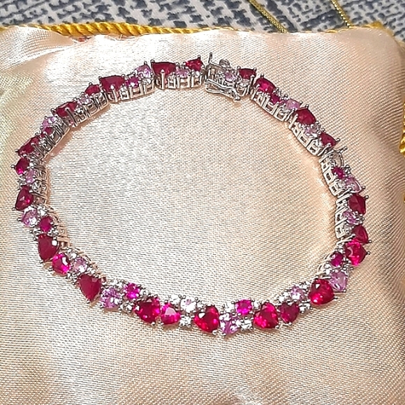 Pink Ruby & Sapphire Stones Sterling Silver Bracelet - Picture 1 of 15